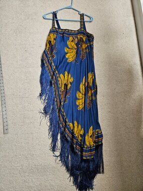 Farm Rio Mermaid Bananas Fringed Tunic Top Blouse Blue Tank Medium M Beach Boho